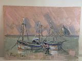 un tableau représentant un bateau, posé sur une étagère dans une pièce