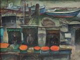 un tableau représentant un bateau avec des oranges sur le quai