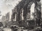 dessin représentant un bâtiment en ruines devant lequel se tient un homme