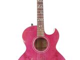 an image of a pink guitar on a stand on a white background