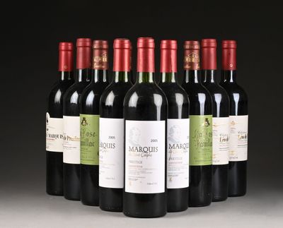 six bouteilles de vin rouge sont alignées