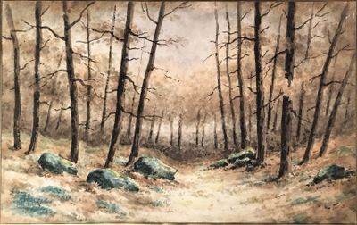 une image représentant un tableau d'une zone boisée avec des rochers et des arbres