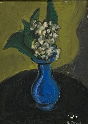 un tableau représentant un vase bleu contenant des fleurs blanches