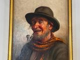 tableau représentant un homme avec une pipe à la bouche et un chapeau sur la tête