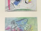 three different colored drawings of fish and people on a white surface