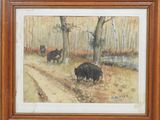 une peinture à l'huile représentant deux ours noirs marchant sur un chemin de terre