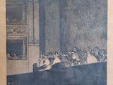 an old picture of a group of people sitting at a long table