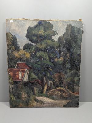 une image représentant une peinture d'une maison et d'arbres accrochée au mur
