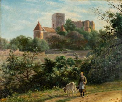 tableau représentant un homme menant un âne sur un chemin de terre, avec un château en arrière-plan