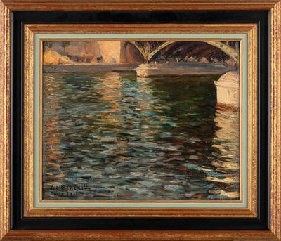 une peinture représentant un pont enjambant une rivière, avec un bâtiment en arrière-plan