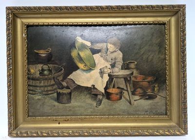 an image of a painting of a woman sitting at a table with pots and pans