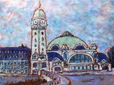painting of a large building with a clock tower in the middle of it