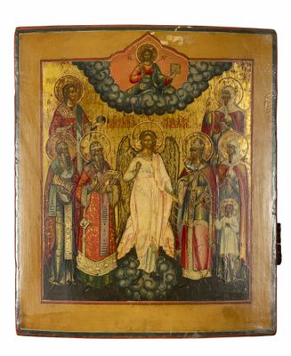 une icône russe ancienne représentant le couronnement du Christ et d'autres personnages