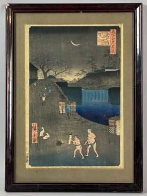 painting of a man and a woman playing baseball in the moonlight