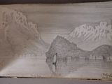 an old book with a drawing of a person standing in the water