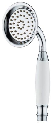 un gros plan d'une pomme de douche avec une poignée blanche
