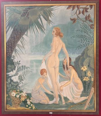 a picture of a painting of a woman and three children