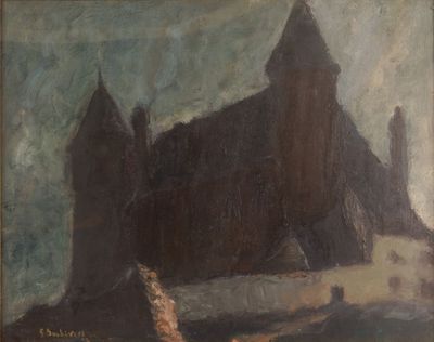 une peinture à l'huile représentant un château sur une colline, avec un chien au premier plan