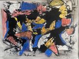 painting of a black, yellow, red, and blue abstract painting