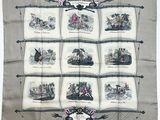 une photo d'un foulard en soie vintage représentant des personnes sur un bateau