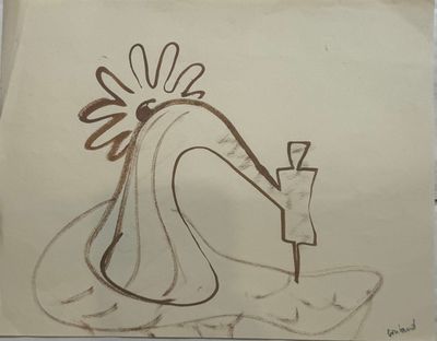 drawing of a bird with a knife in its beak