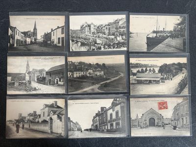 several old black and white photographs of a town with buildings