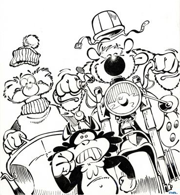 dessin de bande dessinée représentant un homme à moto, entouré d'une foule de personnages de bande dessinée