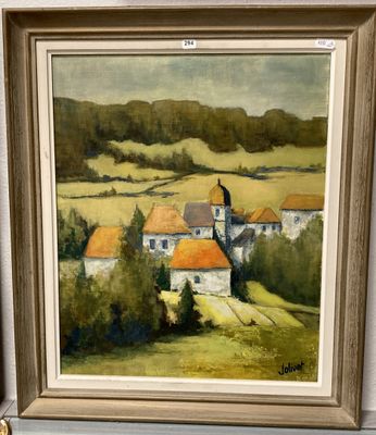 une peinture à l'huile représentant une scène de campagne avec une église au loin