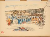 drawing of a group of people standing in front of a painting on a easel