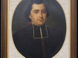 a painting of a man in a black coat with a red collar