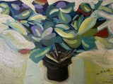 a painting of flowers in a vase on a table