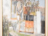 an image of a painting of a house with a tree in front of it