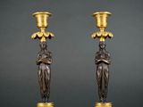 pair of antique bronze candlesticks with female figures on bases