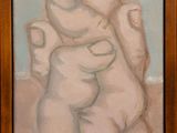 an oil painting of a couple holding hands in the sand