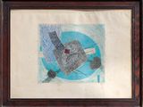 dessin encadré représentant une peinture abstraite bleue et blanche, avec un cadre en bois
