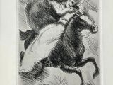 drawing of a woman riding a horse with a man on the back of it