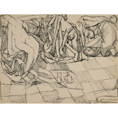 an image of a black and white drawing of a woman on a couch