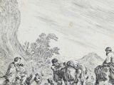 a drawing of a man riding a horse with a group of animals