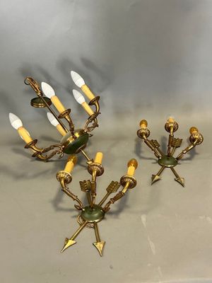 pair of antique brass wall sconces with green glass shades