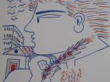 drawing of a man with a tie in front of a building
