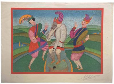 un tableau représentant trois hommes à cheval dans un champ