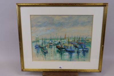 tableau représentant une scène portuaire avec des bateaux, dans un cadre doré