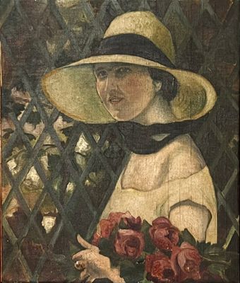tableau représentant une femme coiffée d'un chapeau et tenant un bouquet de fleurs