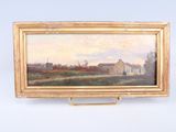 une peinture à l'huile représentant une scène de campagne avec une maison au loin