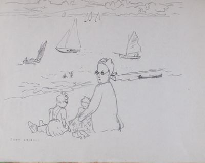 dessin d'un homme et d'un enfant sur la plage avec des voiliers en arrière-plan