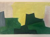 an image of a painting of green and yellow shapes on a white background