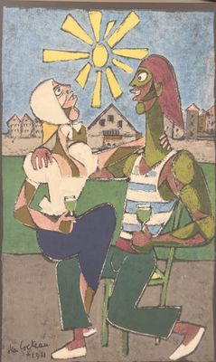 an image of a painting of two people sitting on a bench