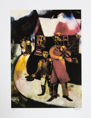 une image représentant un tableau où l'on voit un homme jouant du violon devant une maison