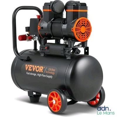 un compresseur d'air noir avec des roues orange sur fond blanc