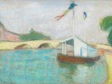 peinture représentant un bateau sur un plan d'eau près d'une plage
